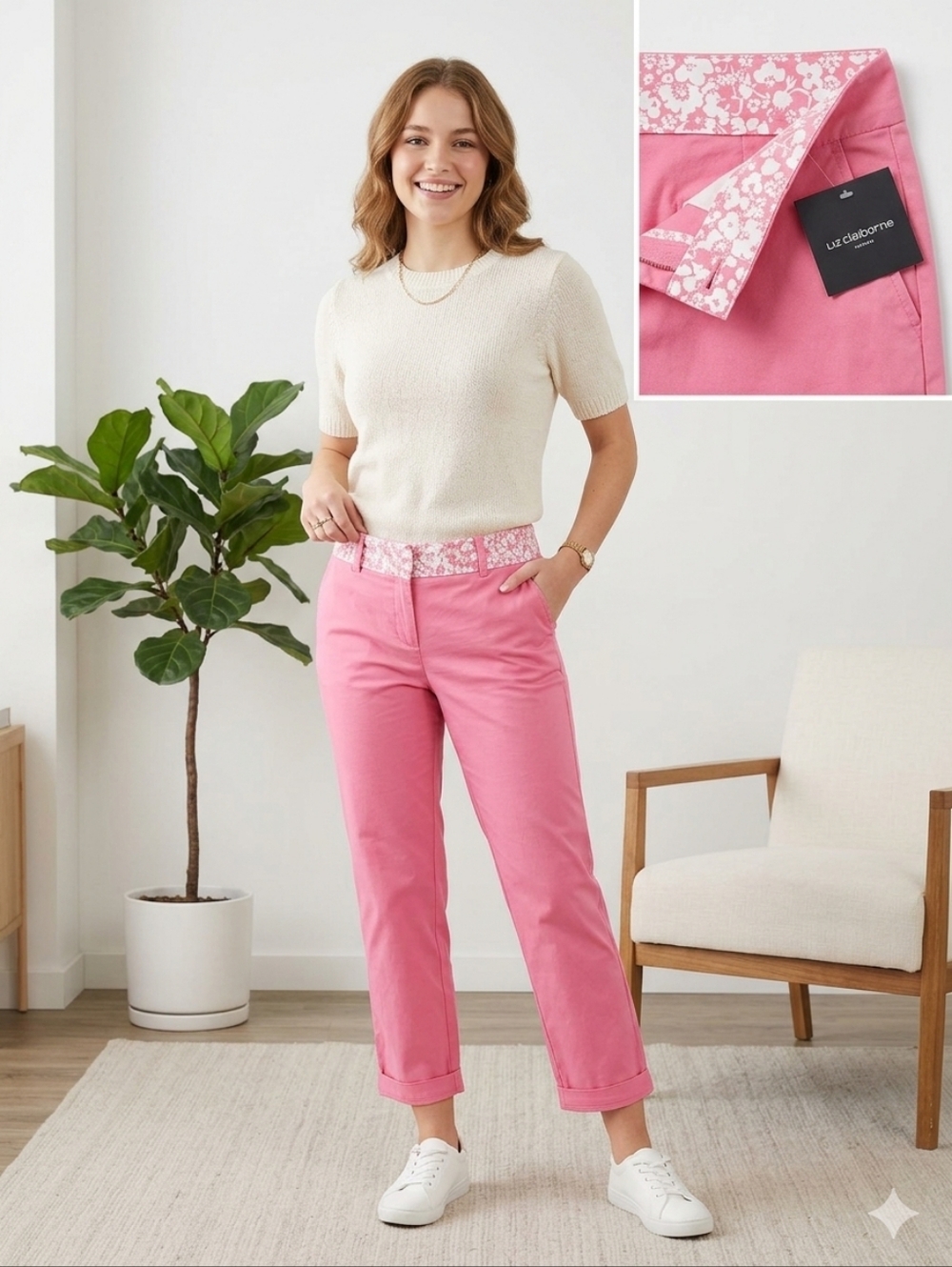 LIZ CLAIBORNE Pink Floral-Trim Pants